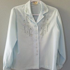 Blue Vintage Blouse w/Hand Embroidery from China, Lg